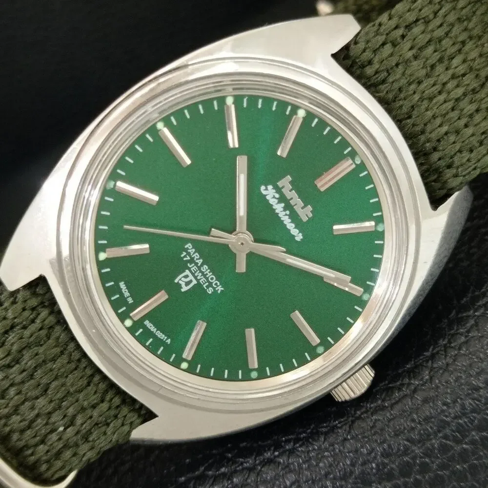 Vintage 1977 HMT Manual Wound Mens Silver Watch & Green accents